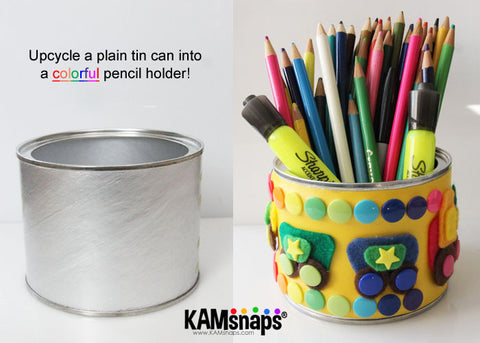 Upcycle A Tin Can Into A Pencil Holder with KAM snap fasteners no-sew button snaps before after