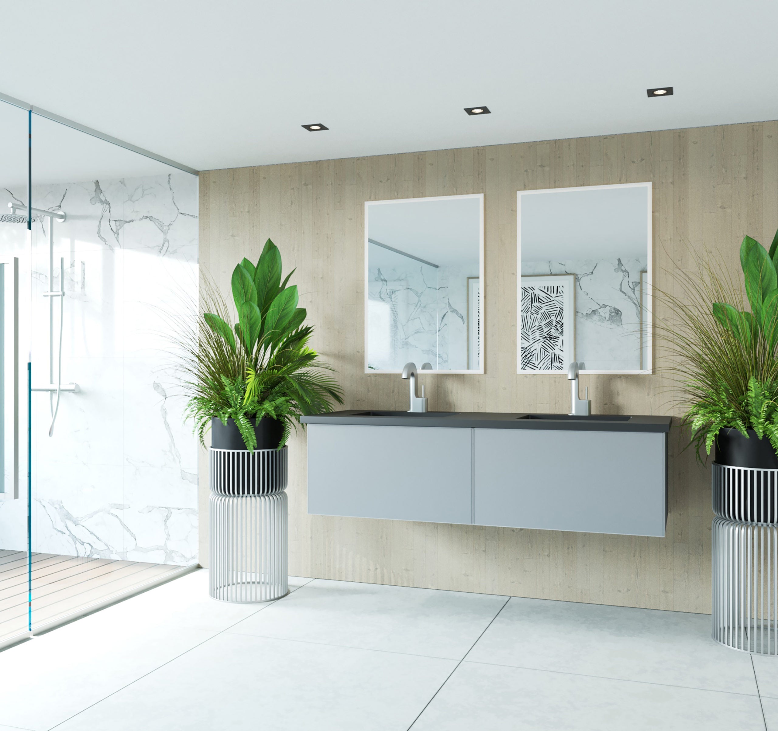 Vitri 60 - Fossil Grey Double Sink Cabinet + Matte Black VIVA Stone Solid Surface Double Sink Countertop
