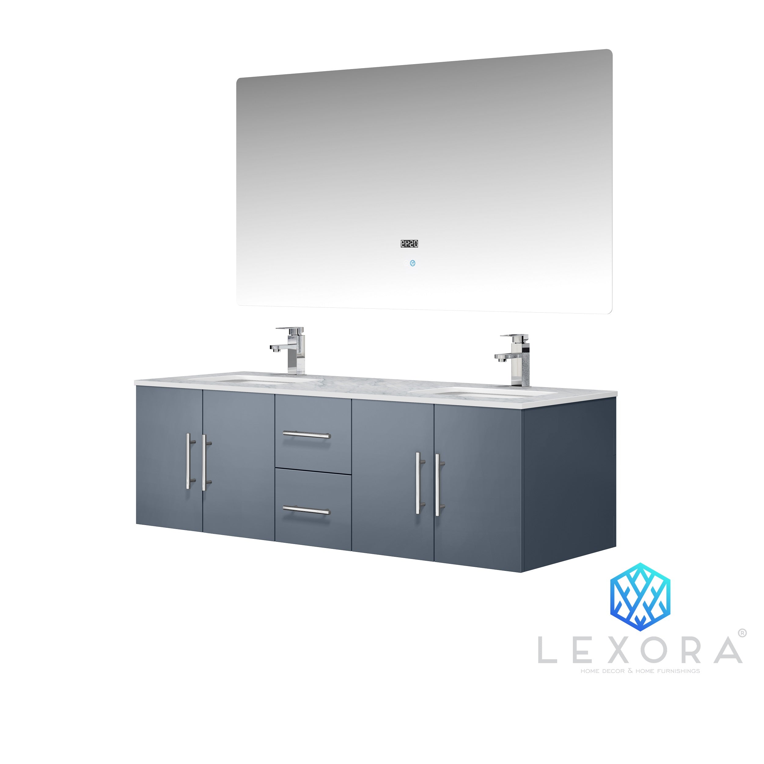 Geneva 60 Dark Grey Double Vanity White Carrara Marble Top White Sq Housetie