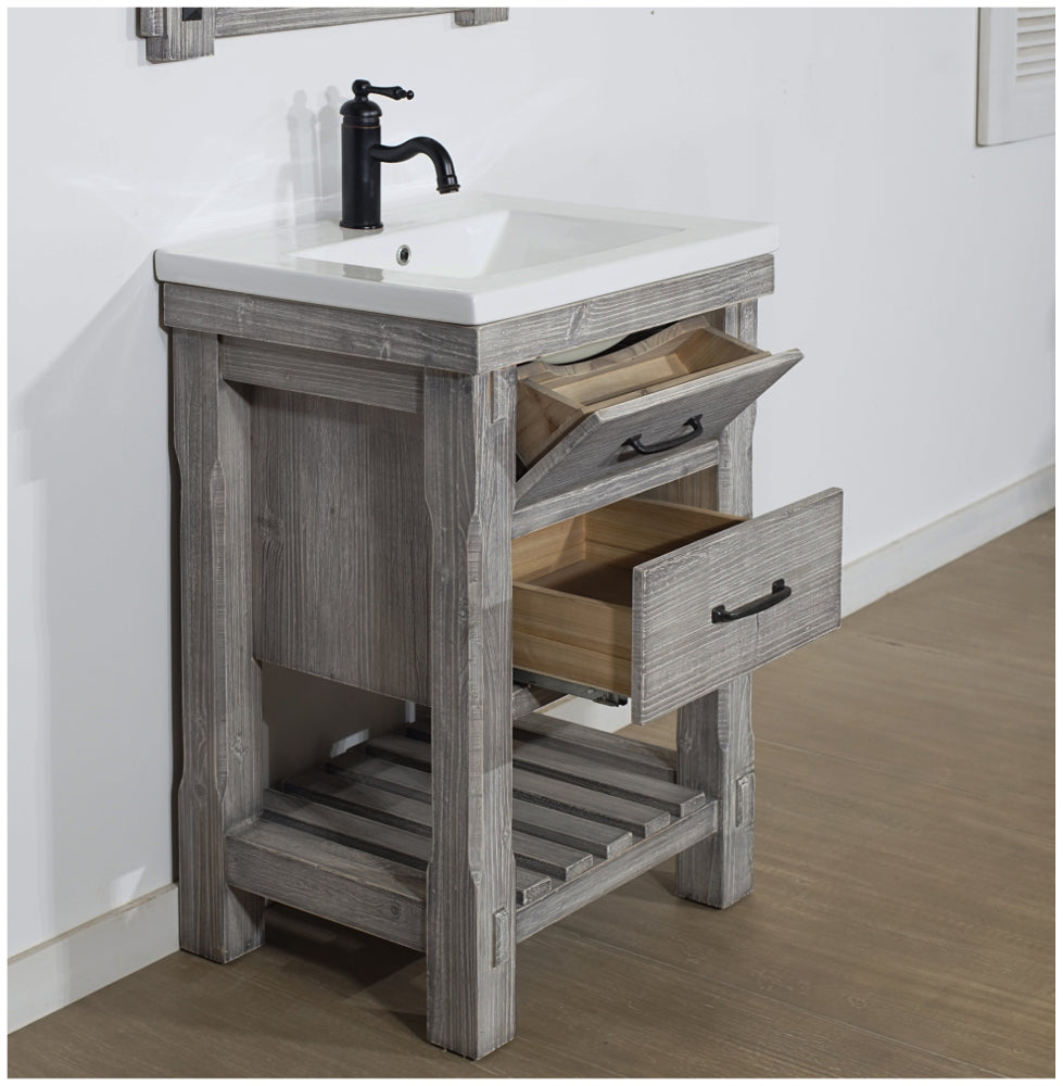 24 Rustic Solid Fir Vanity With Ceramic Single Sink In Grey