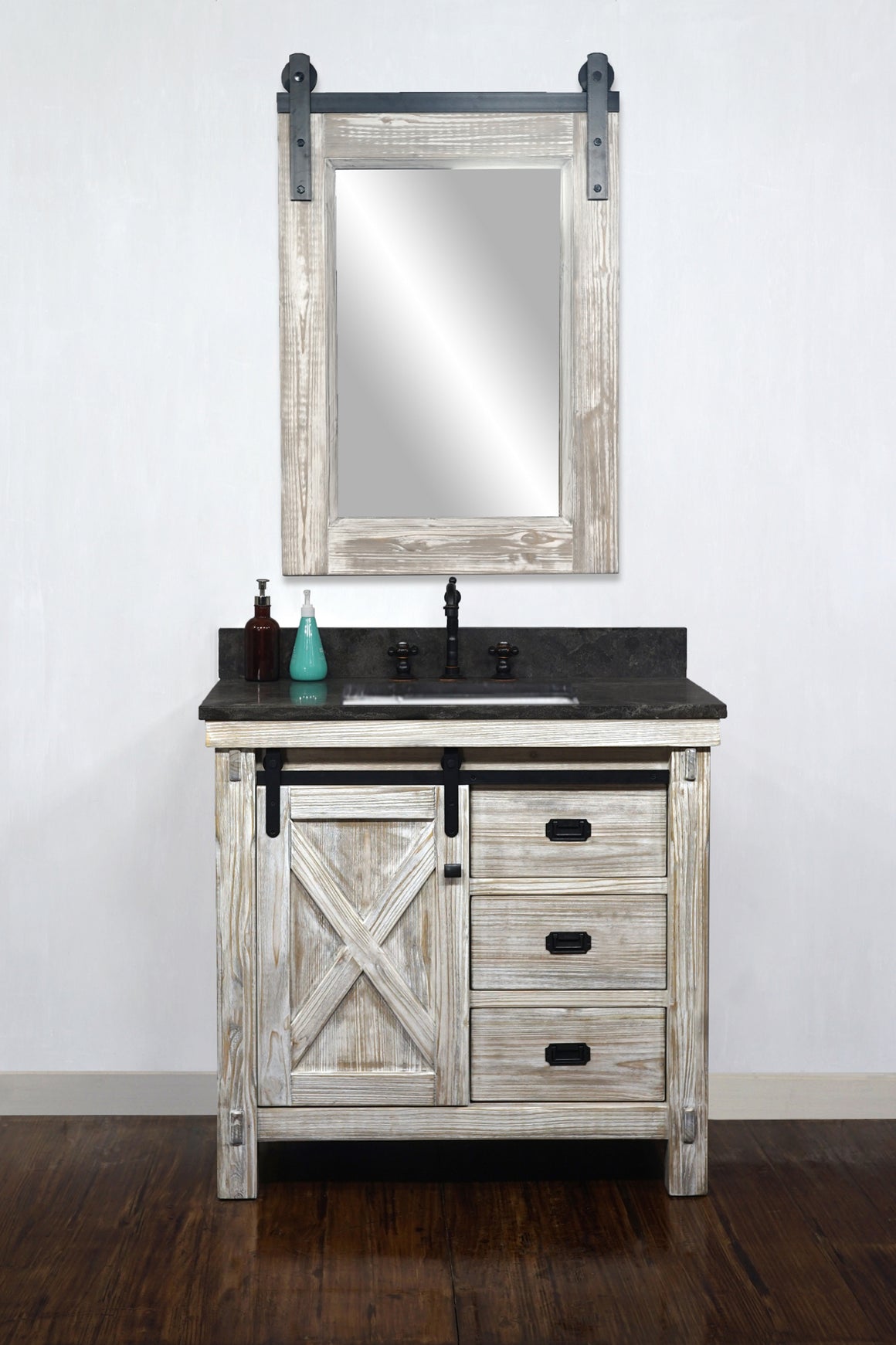 36"RUSTIC SOLID FIR BARN DOOR STYLE SINGLE SINK VANITY IN WHITE WASH WITH LIMESTONE TOP WITH RECTANGULAR SINK-NO FAUCET