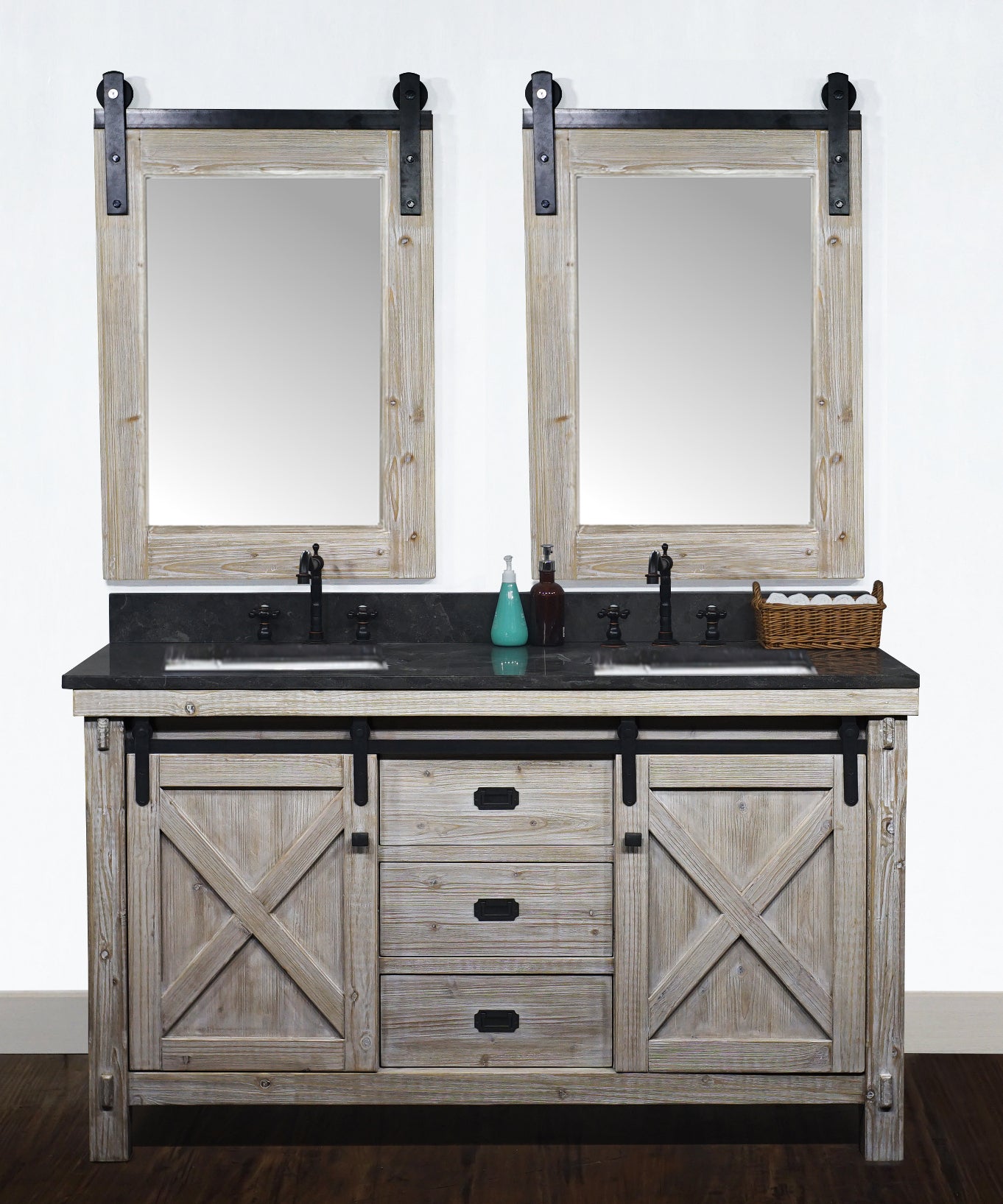 60rustic Solid Fir Barn Door Style Double Sinks Vanity With Limestone Housetie