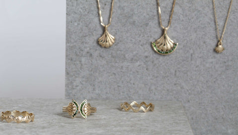 9ct yellow gold and green diamonds tiny shell jewellery