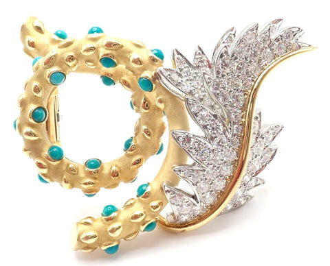Tiffany & Co Schlumberger 18k Yellow Gold Platinum Diamond Turquoise Pin Brooch