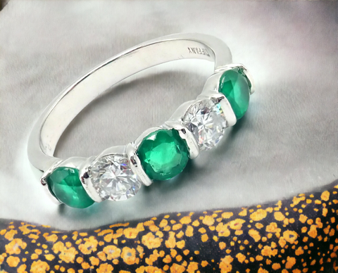 Tiffany 5 Stone Engagement Ring Emerald and Diamond with Platinum Band.