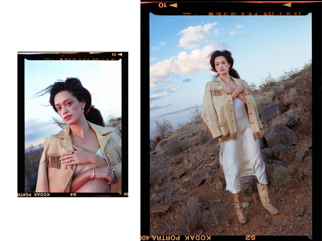 woman wearing vintage western style clothing in desert at sunset wearing erin cuff jewelry