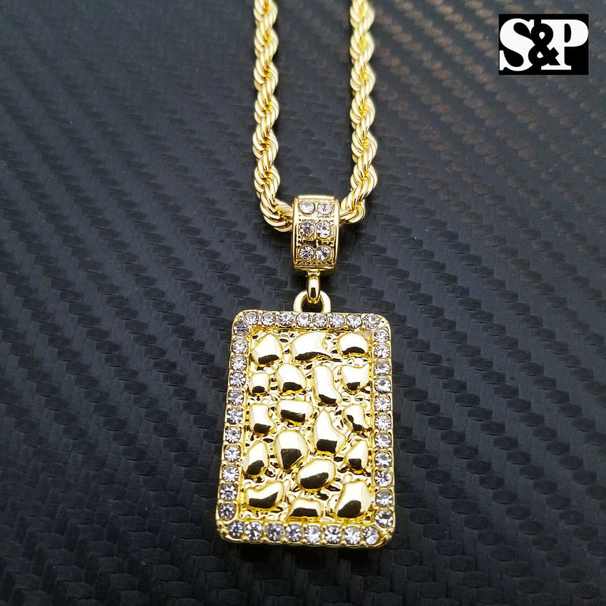 Iced Out Gold PT Golden Nugget Bar Pendant & 24" Rope Chain Hip Hop Necklace