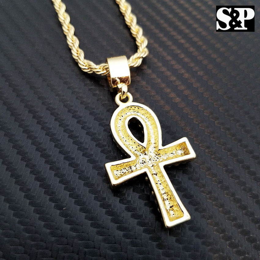 Hip Hop Iced Out Gold Plated Ankh Cross Pendant w/ 4mm 24" Rope Chain Necklace