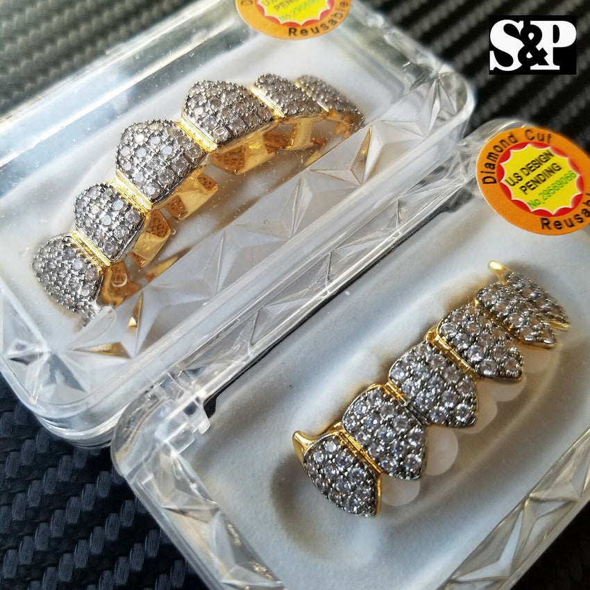 Gold Plated Brass Hip Hop Iced Two Tone Teeth Grillz Fang Top And Bottom