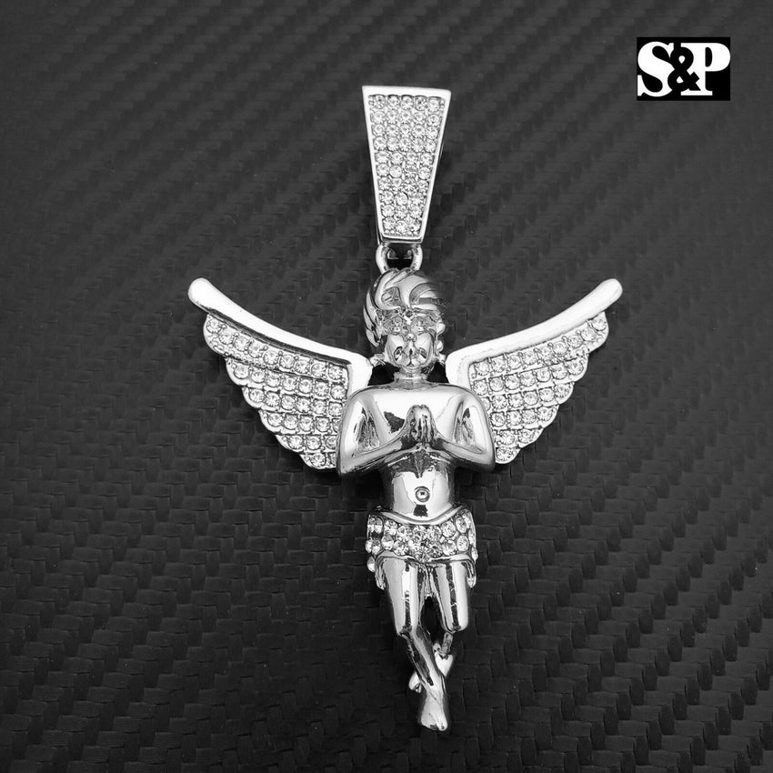HIP HOP ICED OUT RAPPER STYLE LAB DIAMOND SILVER PLATED BABY ANGEL LARGE PENDANT