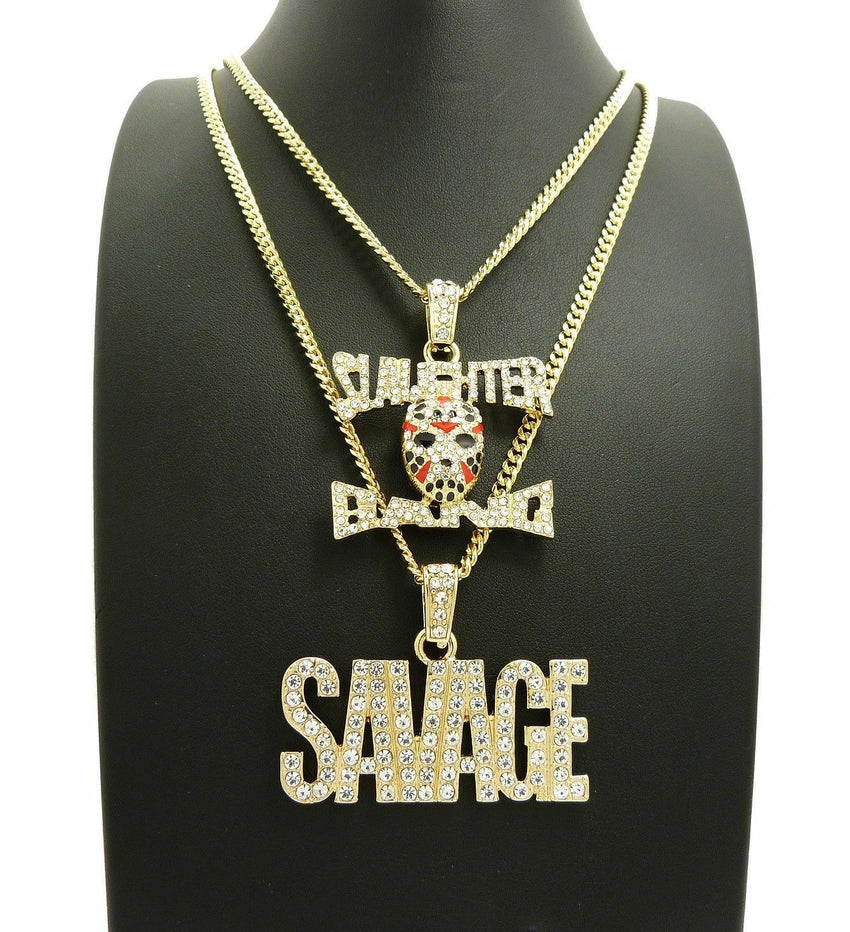 Hip Hop Pave SAVAGE 21 SLAUGHTER Pendant W/ 20" 24" Cuban Chain 2 Necklace Set