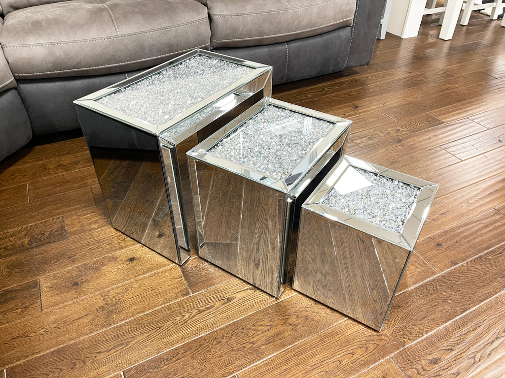 Crushed Diamante Nest of 3 Mirrored Tables – Comfortzone Home Furnishers