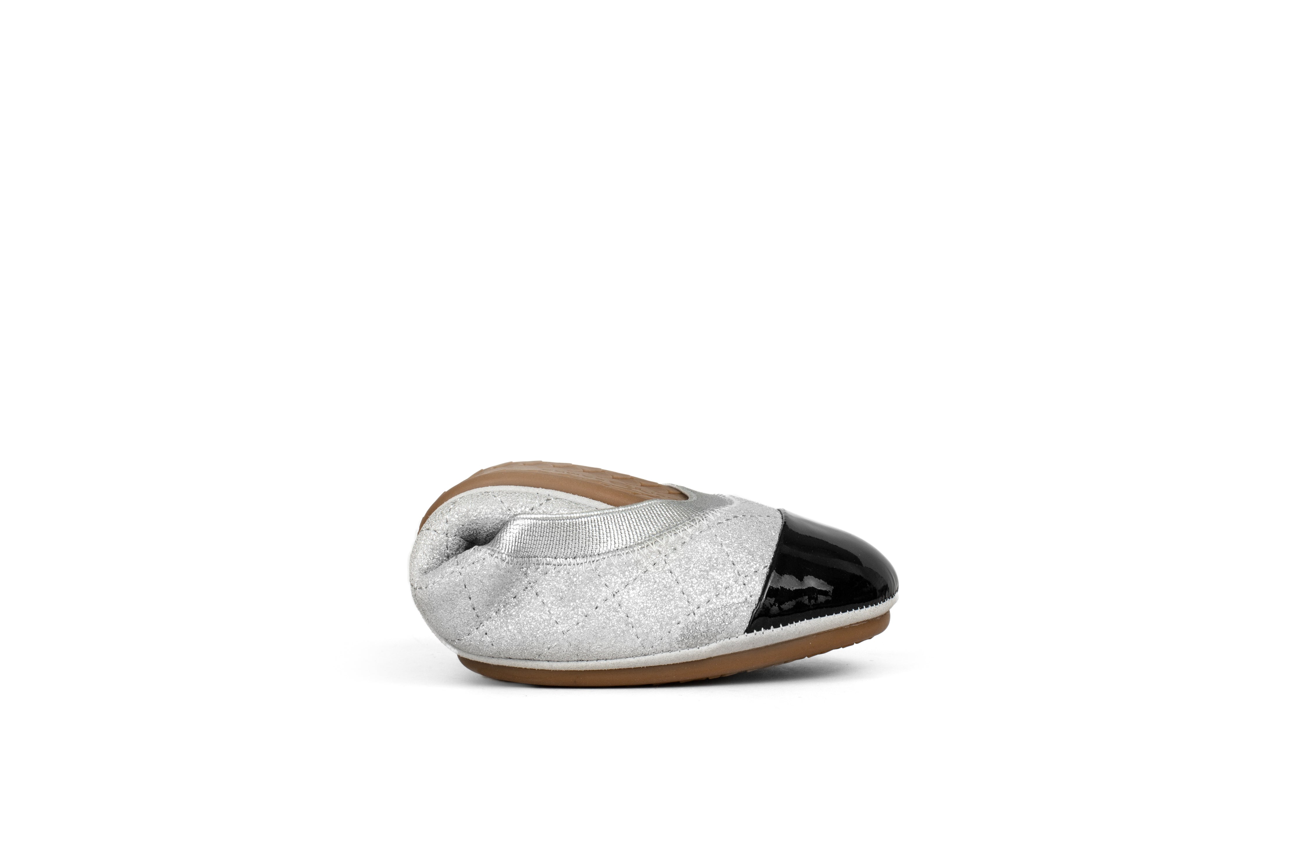 Samantha Silver Suede and Black Patent Cap Toe Ballet Flat