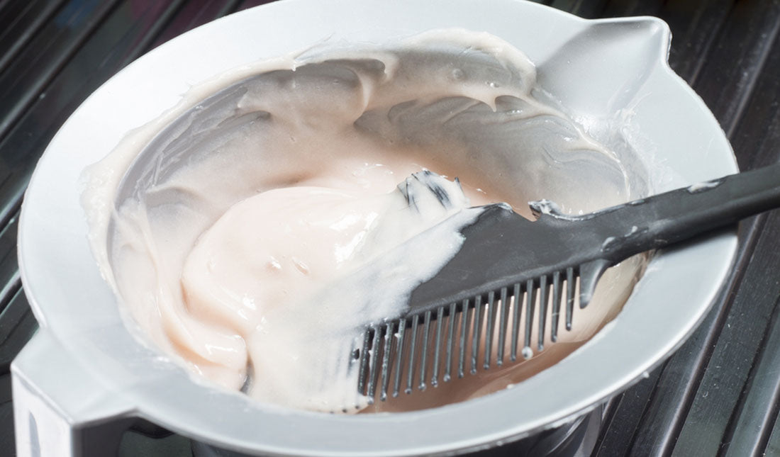 hair coloring solution in mixing bowl