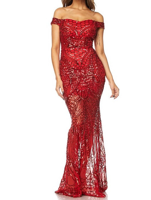 off the shoulder red sequin dress