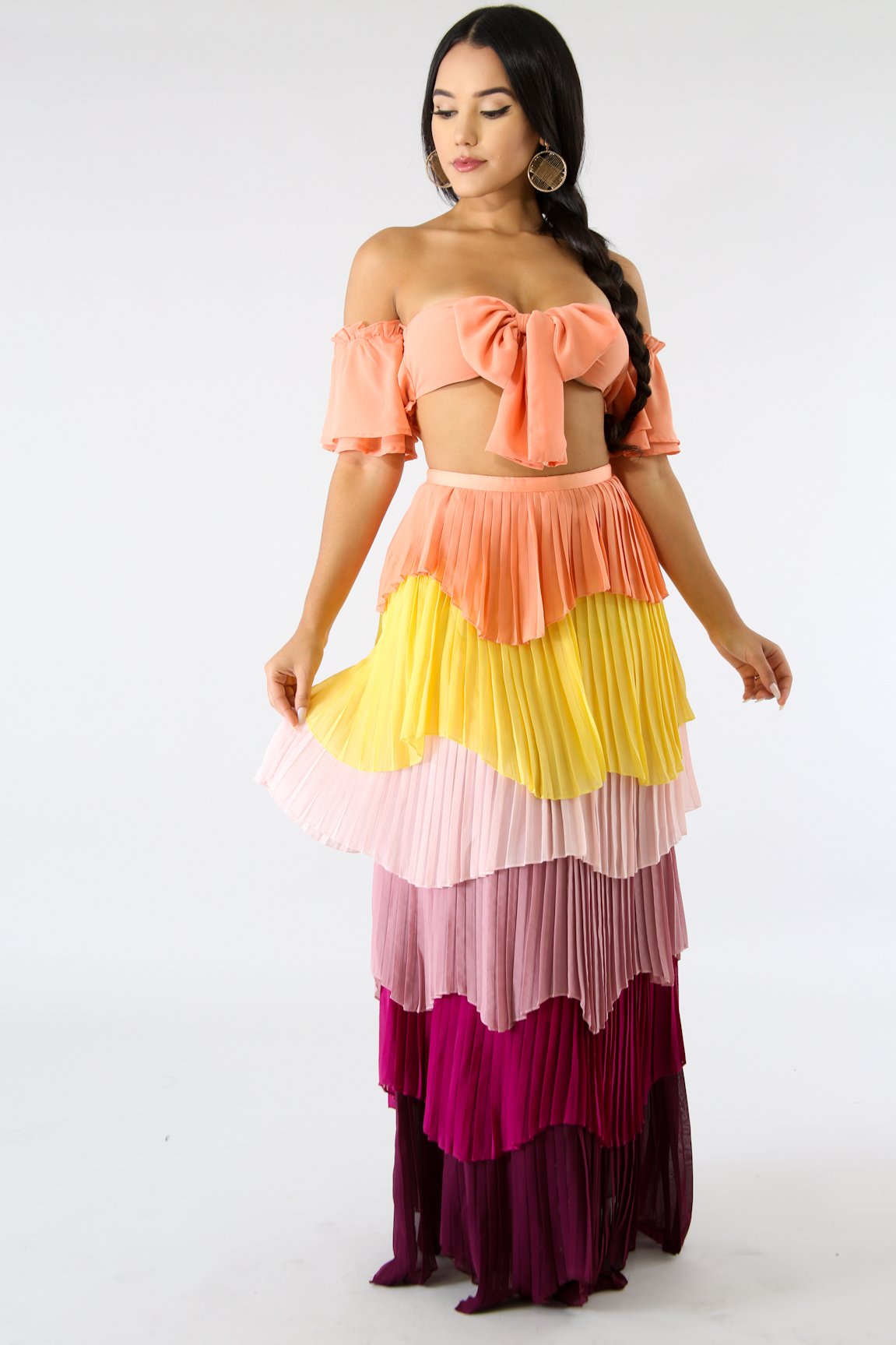 tiered pleated maxi skirt