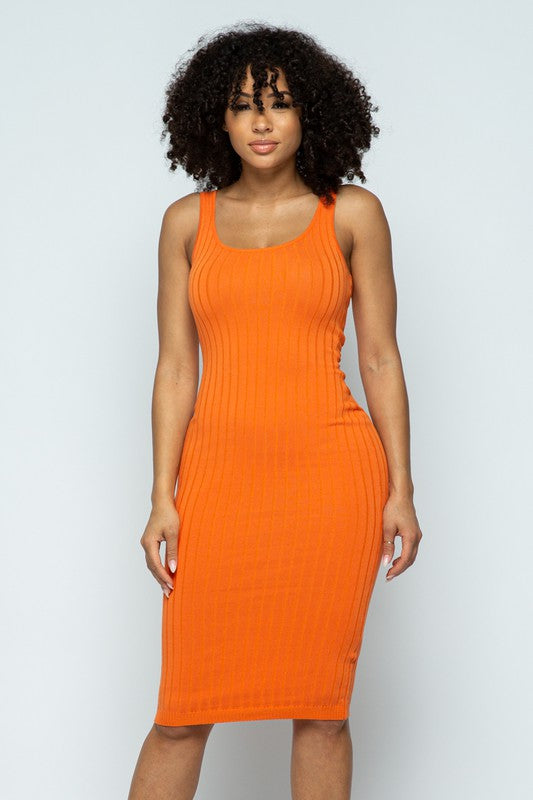orange ribbed midi dress