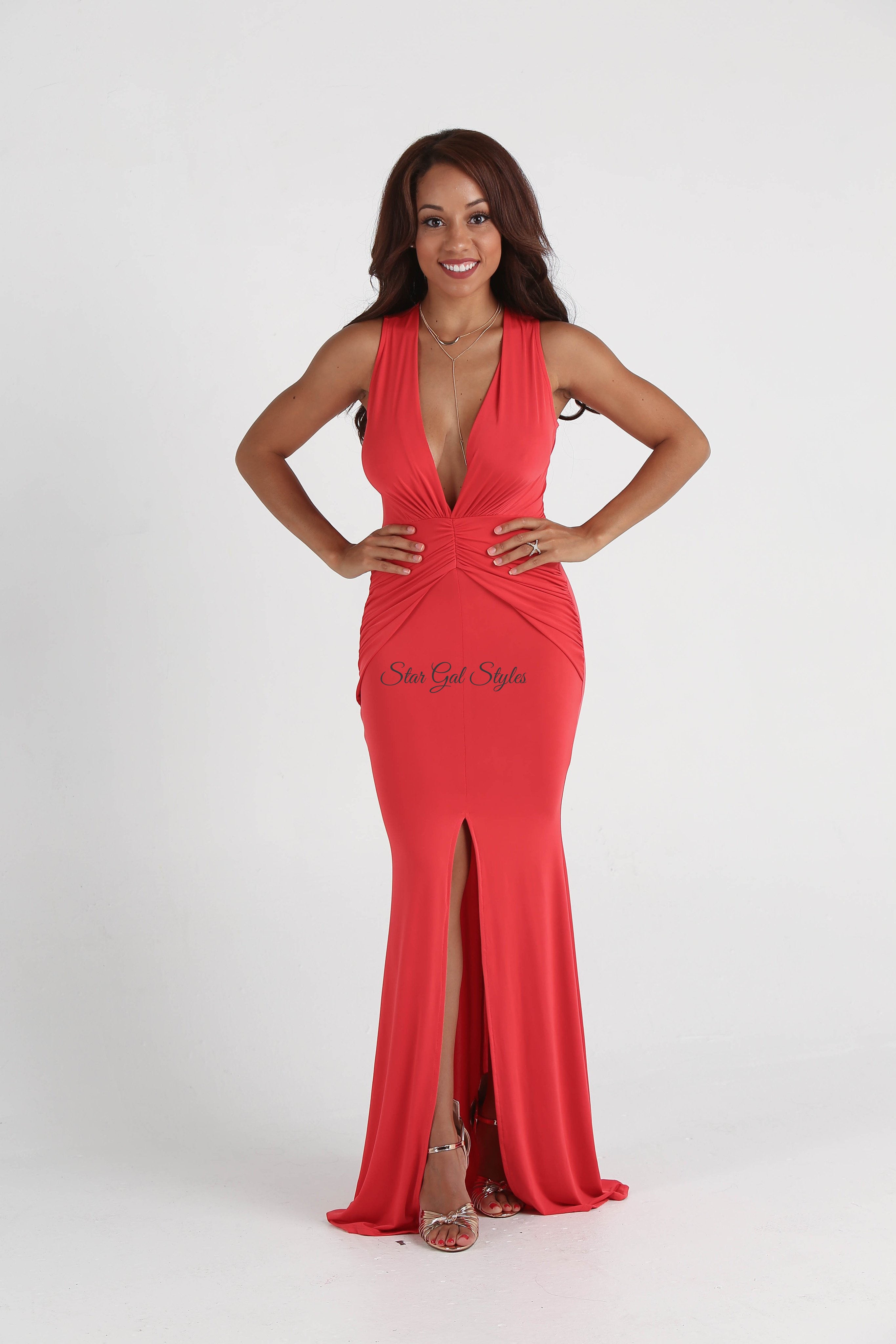 red ruched maxi dress