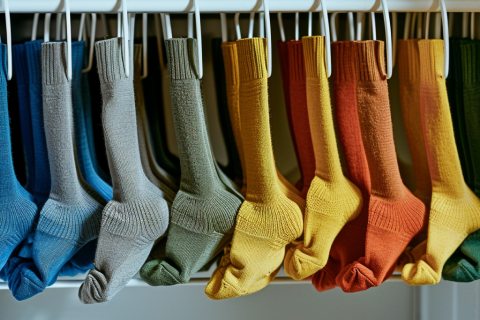 n array of colorful socks hanging neatly on a rack, illustrating proper organization and storage.