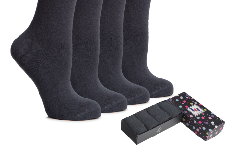 Three pairs of navy blue socks displayed vertically alongside an elegant gift box with a colorful polka dot pattern, suggesting a sophisticated and thoughtful gift option.