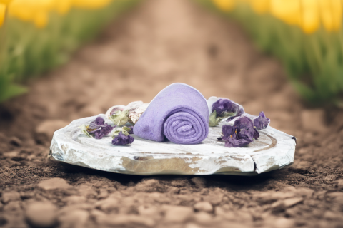 A lavender-colored Hugh Ugoli sock rolled up and placed on a rustic stone slab, adorned with dried purple flowers, set against a blurred background of a flower field, symbolizing eco-friendly and natural sock choices.