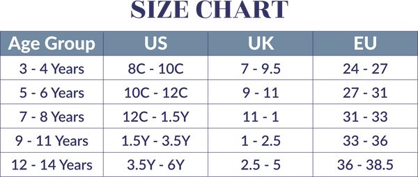 A shoe size chart for kids ranging from 3 to 14 years old, listing equivalent sizes in US, UK, and EU measurements.