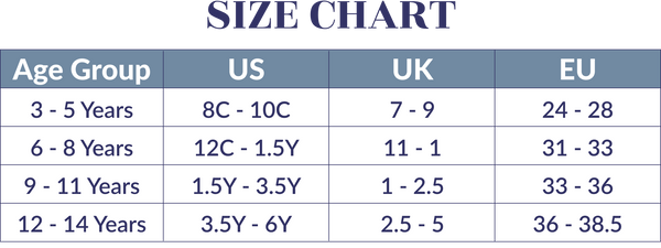 A children's shoe size chart displaying age ranges from 3 to 14 years, with corresponding US, UK, and EU sizes.