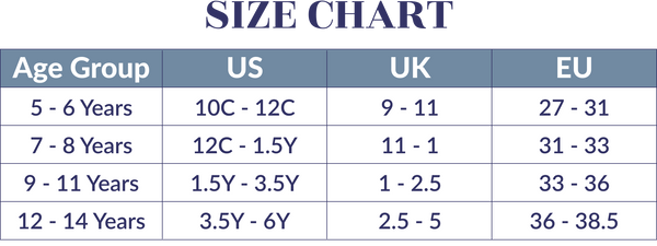 This is an image of a children's shoe size chart for age groups ranging from 5 to 14 years, with corresponding sizes for US, UK, and EU regions.