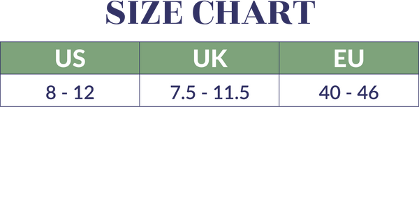 A size chart indicating men's sock sizes with US sizes ranging from 8 to 12, UK sizes from 7.5 to 11.5, and EU sizes from 40 to 46.