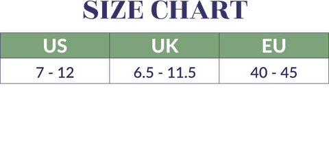 A men's sock size chart indicating US sizes 7 to 12, UK sizes 6.5 to 11.5, and EU sizes 40 to 45.