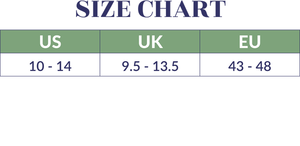 A men's sock size chart displaying US sizes 10 to 14, UK sizes 9.5 to 13.5, and EU sizes 43 to 48.