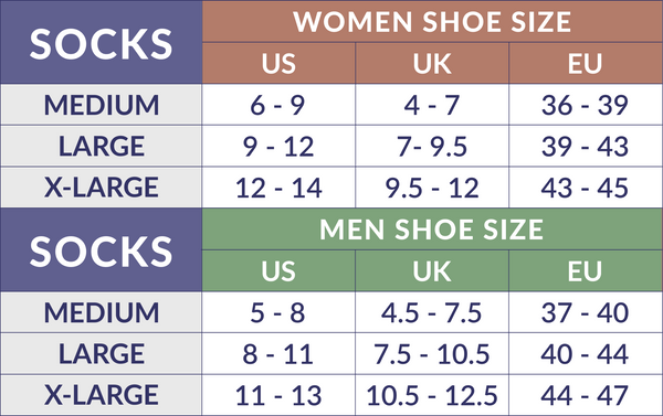 Size chart showing medium, large, and X-large socks correlating to women and men shoe sizes in US, UK, and EU measurements.