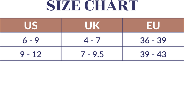 A color-coded sock size chart for women's shoe sizes. US sizes range from 6-9 for Medium, 9-12 for Large, and 12-14 for X-Large. Corresponding UK and EU sizes are also matched.