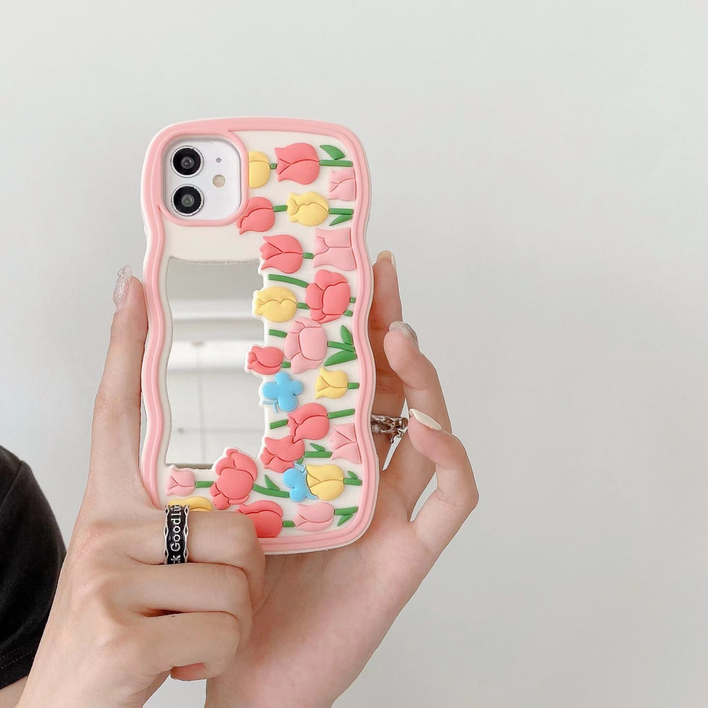 iPhone All Models Cute Mirror Floral Silicon ShockProof Rubber 3D Case