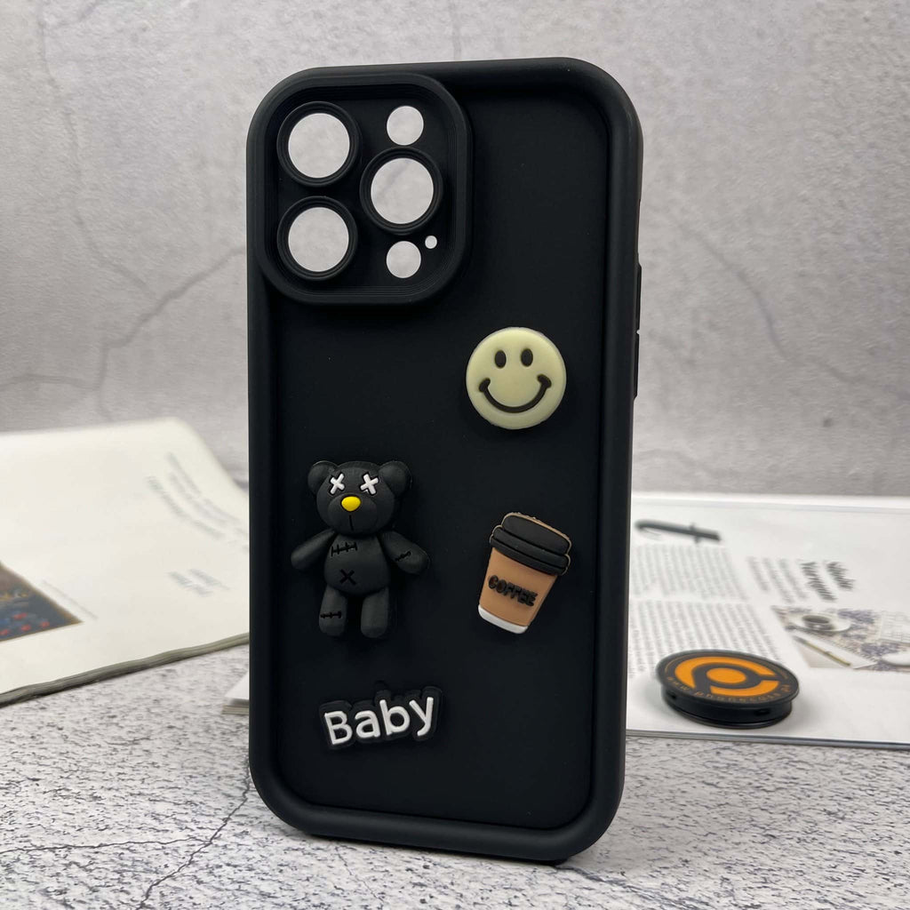 iPhone 14 Pro Cute 3D Black Bear Icons Liquid Silicon Case