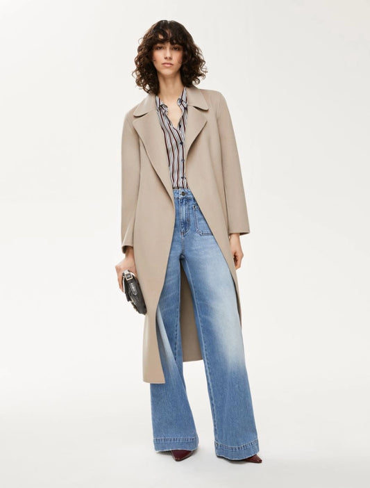 camel wool coat with notch lapel, tie belt midaxi length model shot