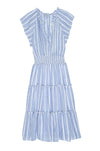 Pull on linen blend dress in blue and white stripe with shirred waistband