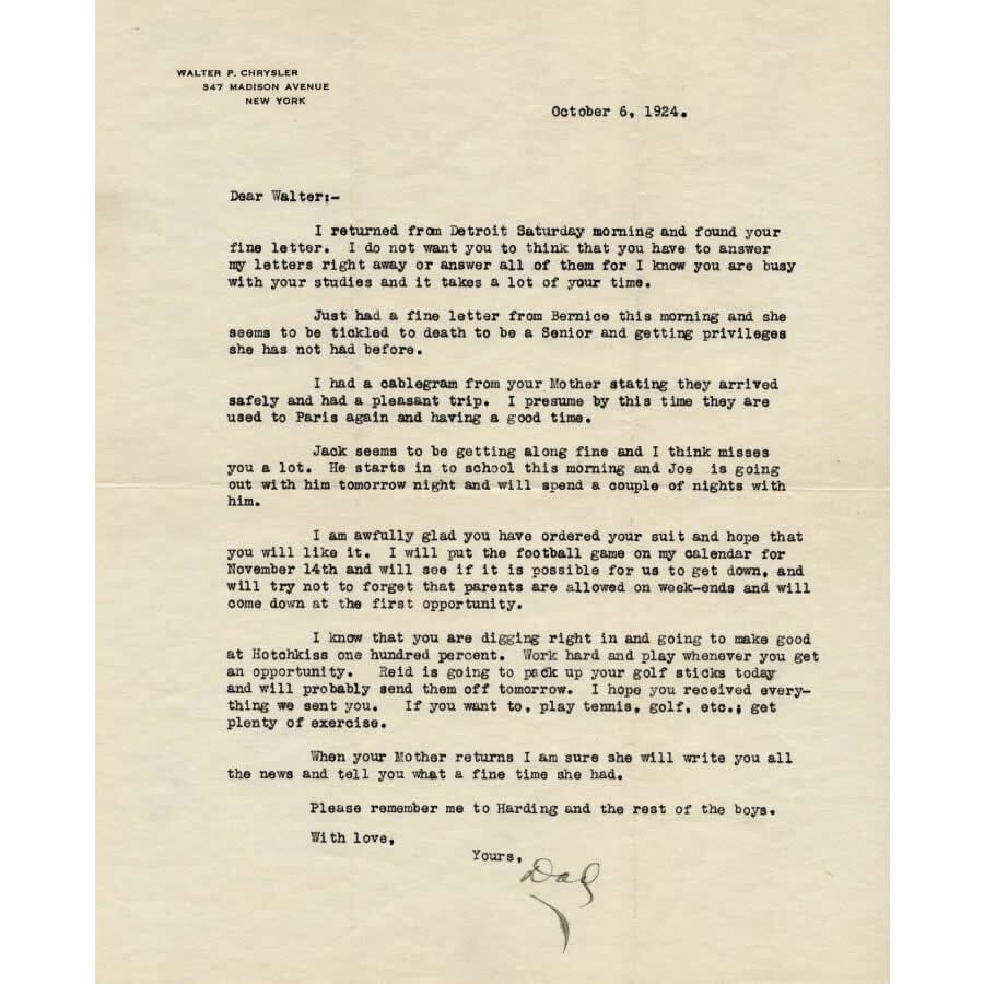Carta assinada por Walter Chrysler (1924) – Glórias 