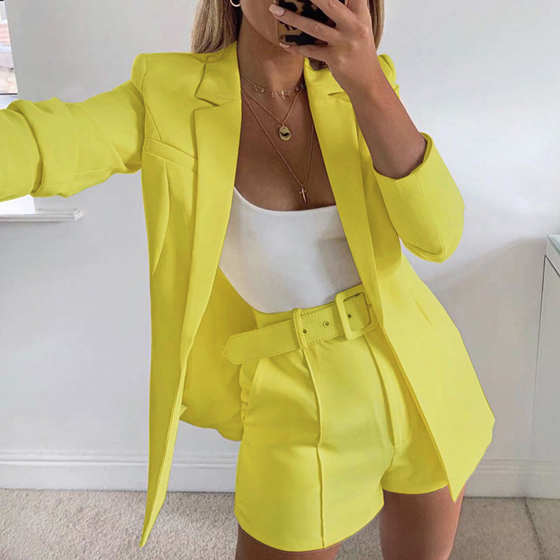 yellow blazer and shorts