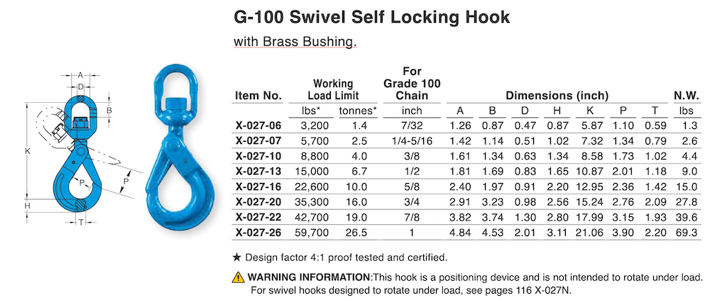 Yoke Grade 100 Swivel Self Locking Hook w/ Brass Bushing Specifications