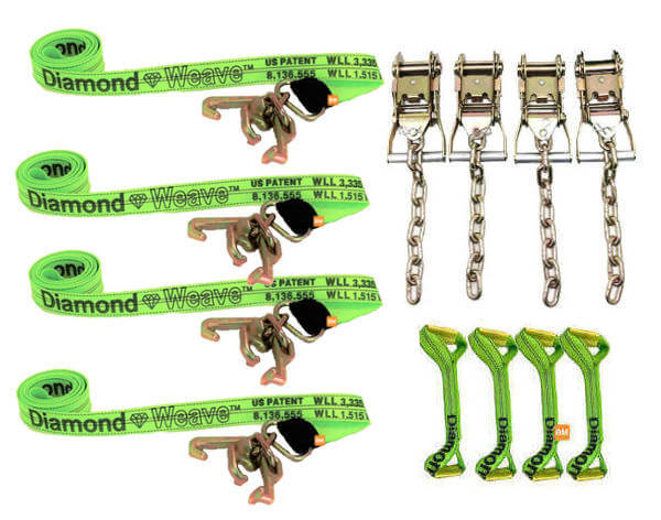 8-Point Tie Down Kit Twisted Snap Hooks Diamond Weave Hi-Vis GREEN –  Baremotion