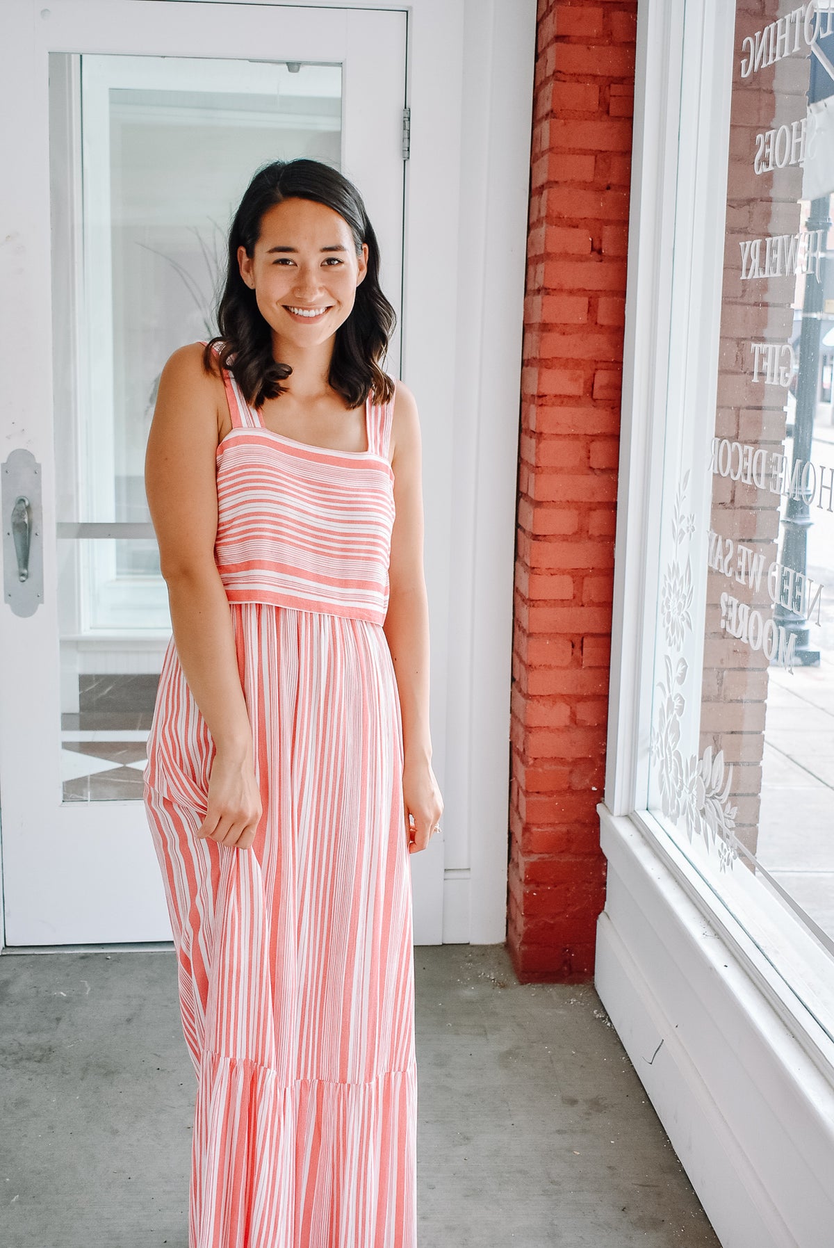 pink and white striped maxi dress