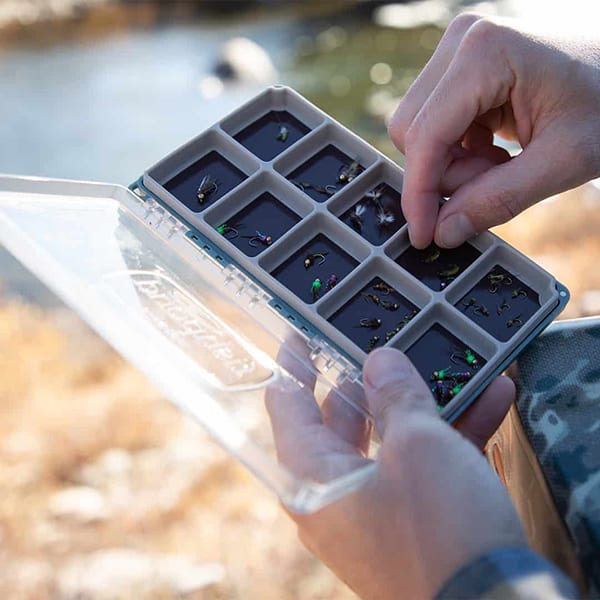 TOFB-RM-TB 816332014987 Fishpond Tacky Original Fly Box RiverMag Version Baja Blue Open On River In The Wild Magnetic Fly Box On the Water