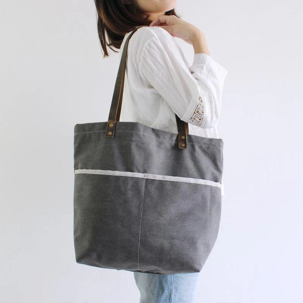 Waxed Canvas Grey Tote Shoulder Bag with Leather Handle | Blue Sebe Handmade Leather Bags