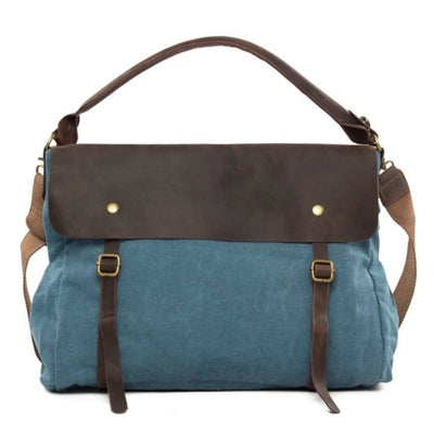 Waxed Canvas Large Messenger Shoulder Bag | Blue - Blue Sebe Handmade Leather Bags