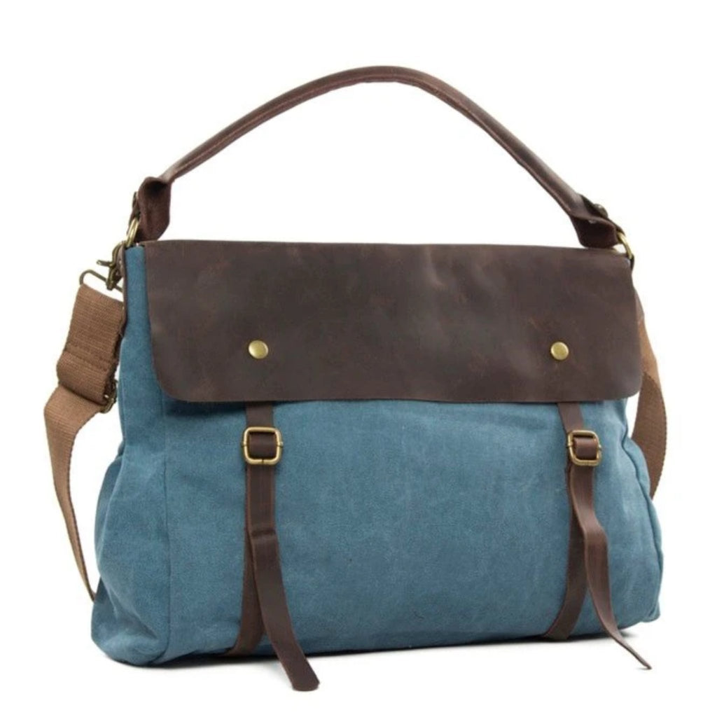 Waxed Canvas Large Messenger Shoulder Bag | Blue | Blue Sebe Handmade Leather Bags