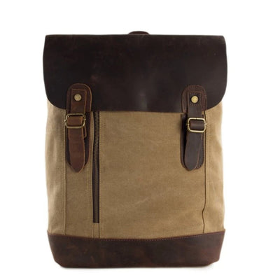 Waxed Canvas and Leather Casual Backpack - Khaki - Blue Sebe Handmade Leather Bags