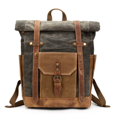 Waxed Canvas with Leather Trim Expandable Backpack - Blue Sebe Handmade Leather Bags