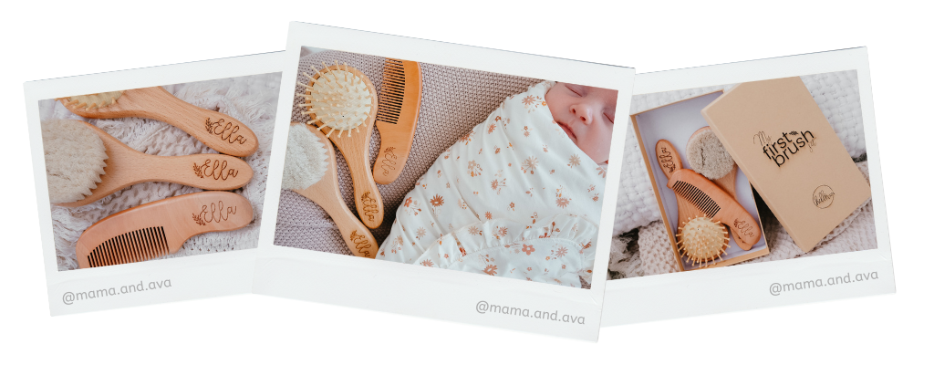 Three images of Hello Fern custom wooden baby brush sets