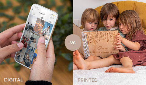 Image depicting digital photos vs printed photos. Left side shows hands holding a phone showing digital photos, while right side shows children sitting on a bed holding and looking through a printed photo album.